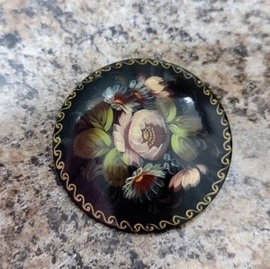 VINTAGE Hand Painted Lacquer Floral Russian Safety Pin Brooch